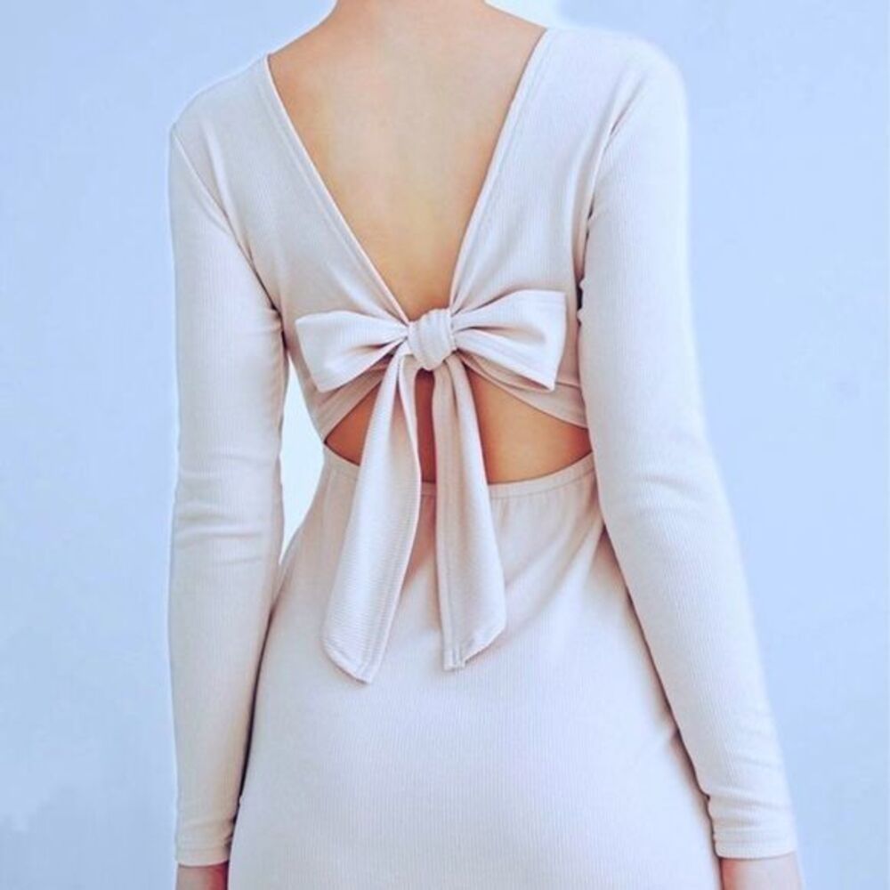 Cream Ribbed Knit Tie Back Dress